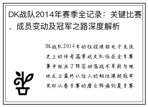 DK战队2014年赛季全记录：关键比赛、成员变动及冠军之路深度解析