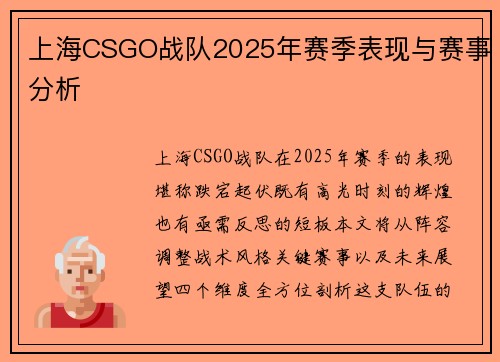 上海CSGO战队2025年赛季表现与赛事分析